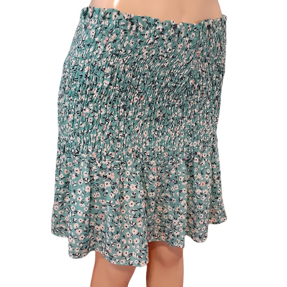 Aqua Blue Floral-Print Smocked  Good Luck Gem Women's Skirt - Picture 5 of 15